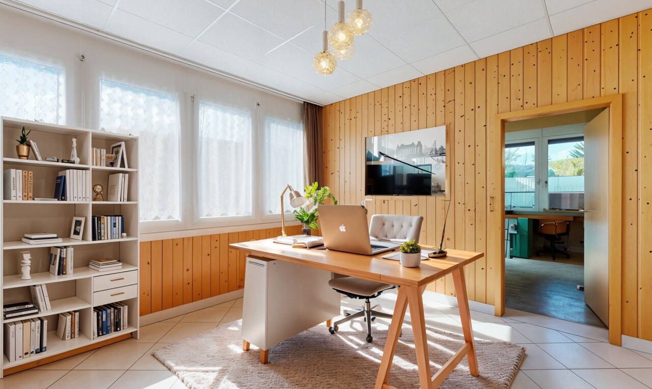 büro mit holzwand, wood wall, natürliches licht, natural light, und inside property