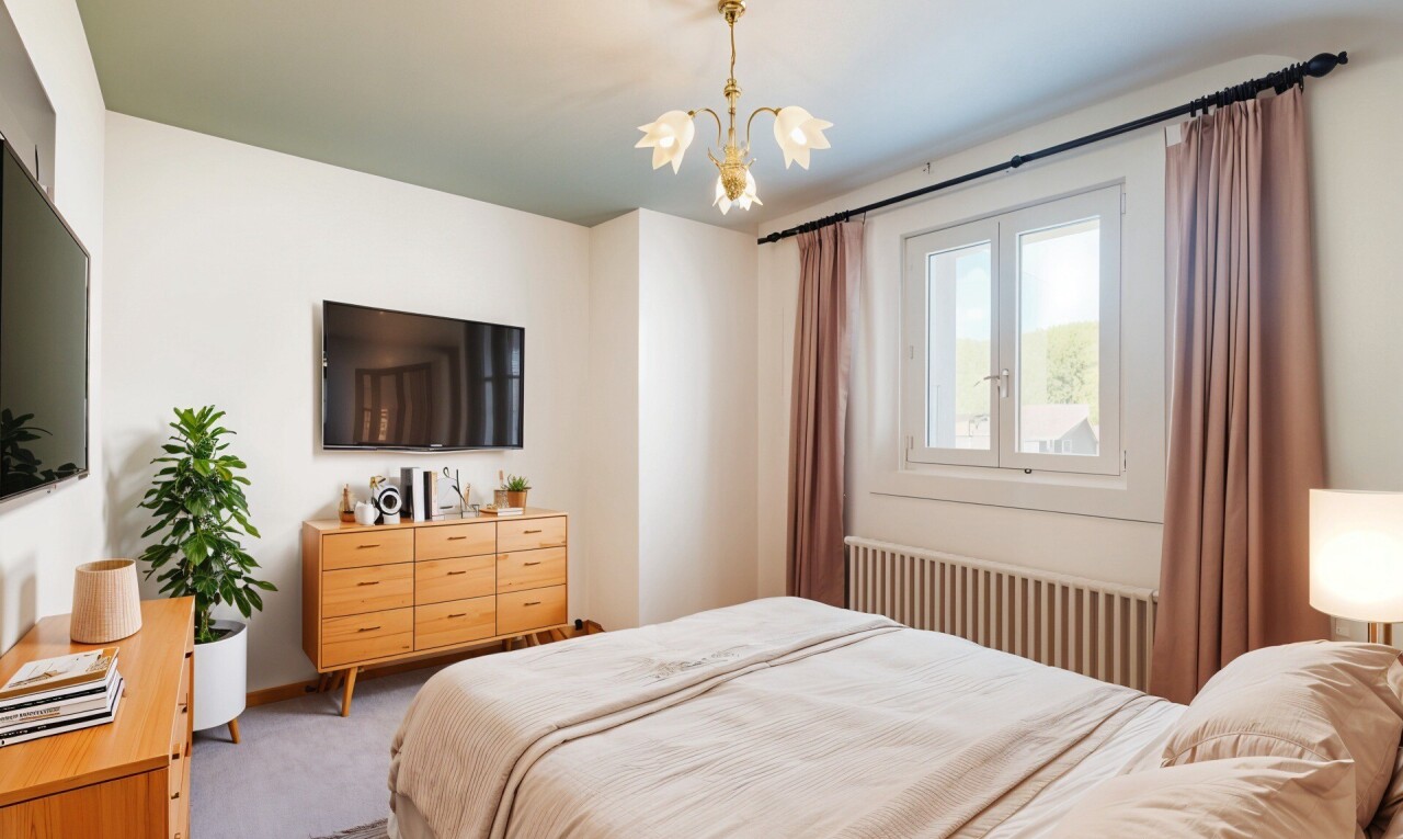zimmer / schlafzimmer mit kühler, wallpaper wall, tapetenwand, bemerkenswerter kronleuchter, und inside property