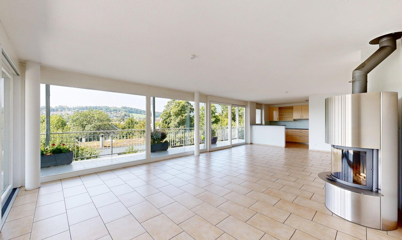 pièce vide avec cheminée, lumière naturelle, natural light, sol en carrelage, et tile floor