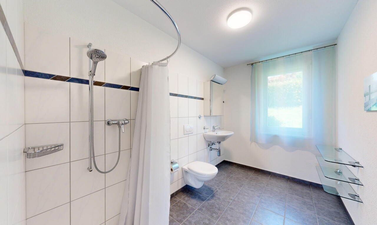 salle de bains avec lumière naturelle, natural light, douche, salle de bain complète, et inside property