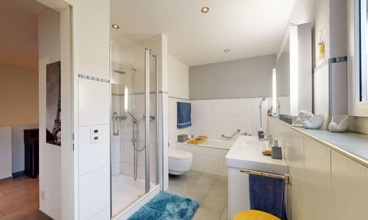 salle de bains avec vasque, toilettes, meuble-lavabo, miroir, et douche