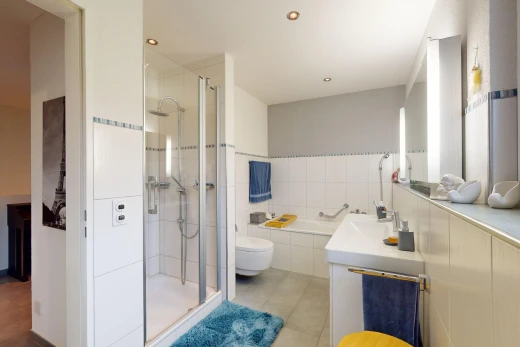 salle de bains avec vasque, toilettes, meuble-lavabo, miroir, et douche