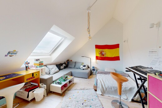 wohnzimmer mit dachschräge, vaulted ceiling, dachfenster, inside property, und natürliches licht