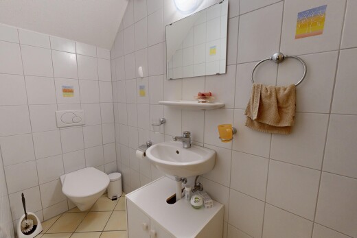 salle de bains avec miroir, mur en carrelage, tile wall, plafond voûté, et vaulted ceiling