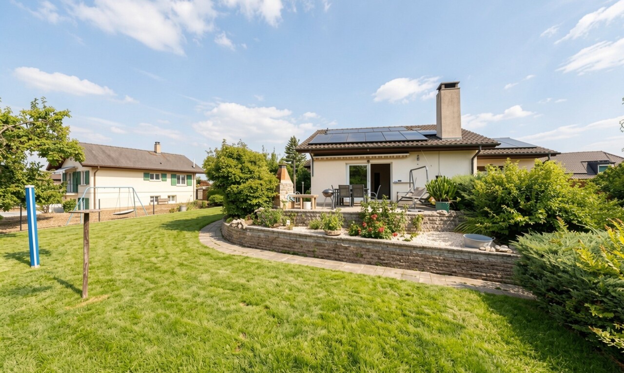 jardin avec panneaux solaires, pelouse, property visible, day time, et terrasse