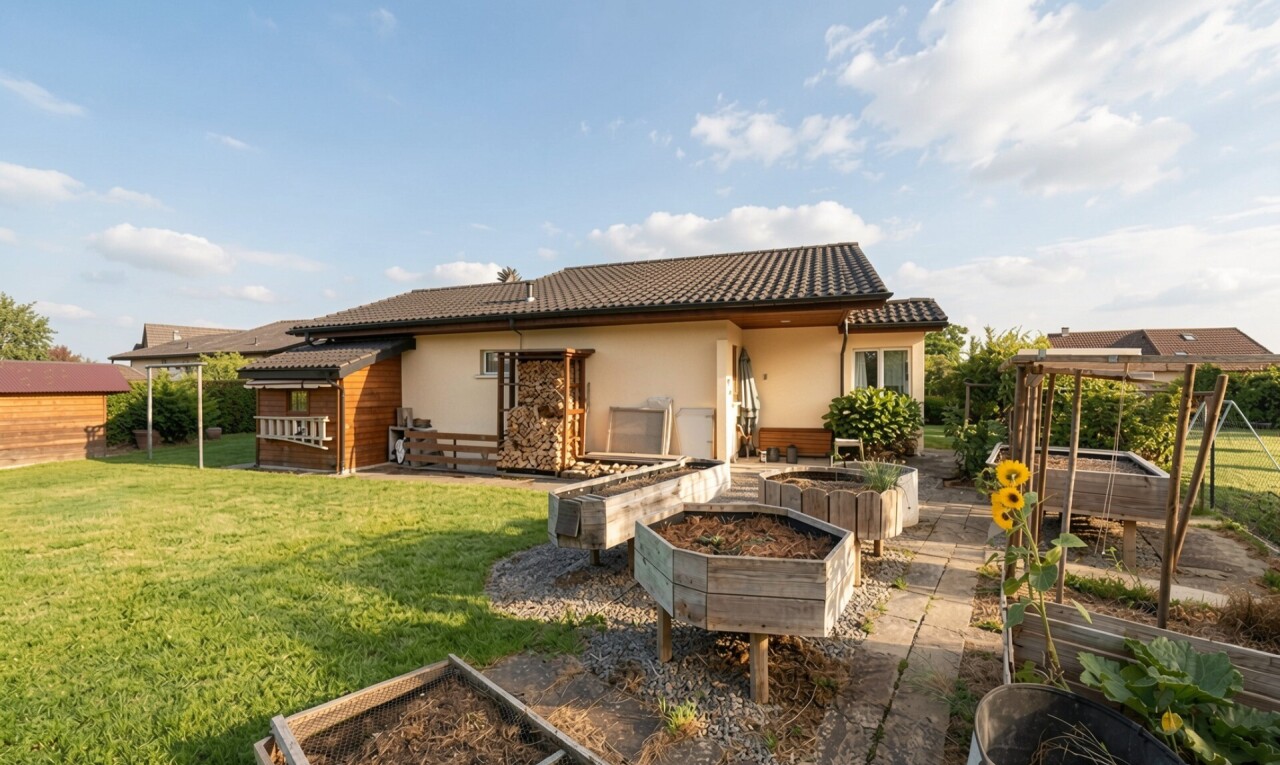 façade avec jardin, toit en tuiles, terrasse, property visible, et day time