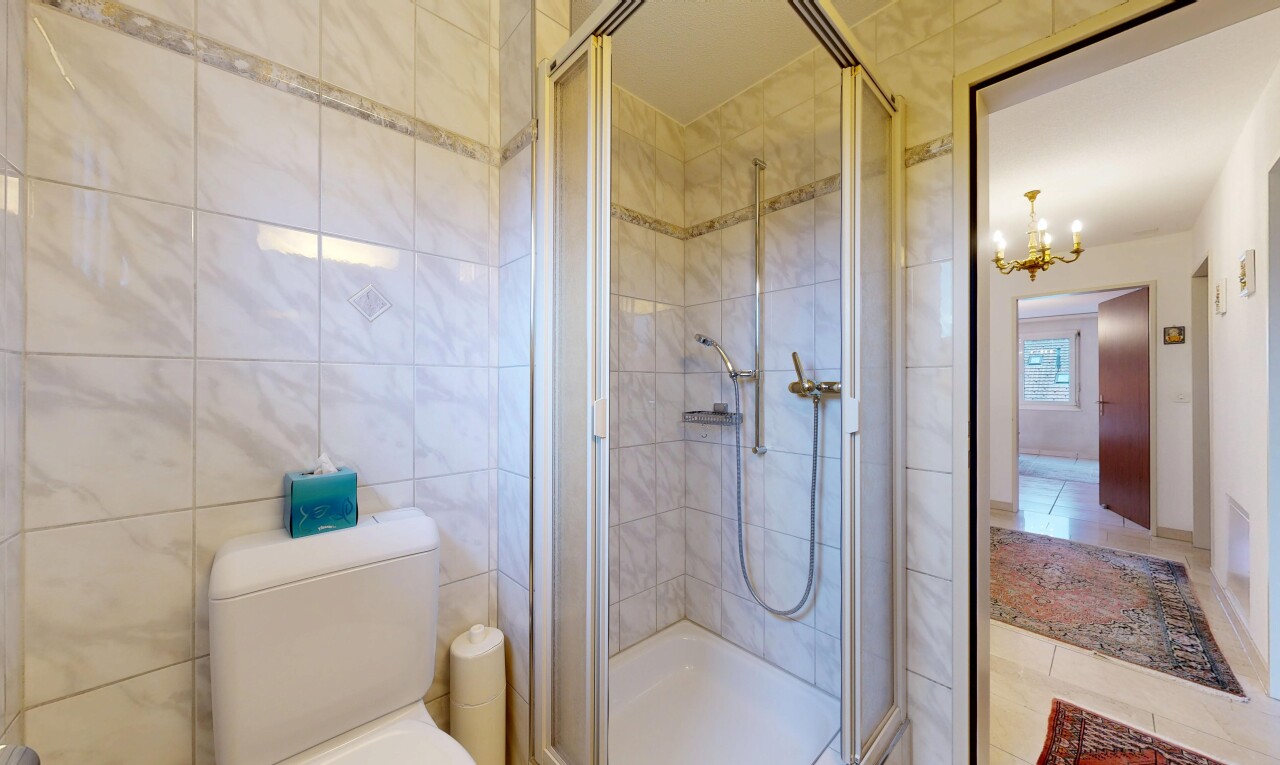 bad mit komplettes badezimmer, dusche, bemerkenswerter kronleuchter, und inside property