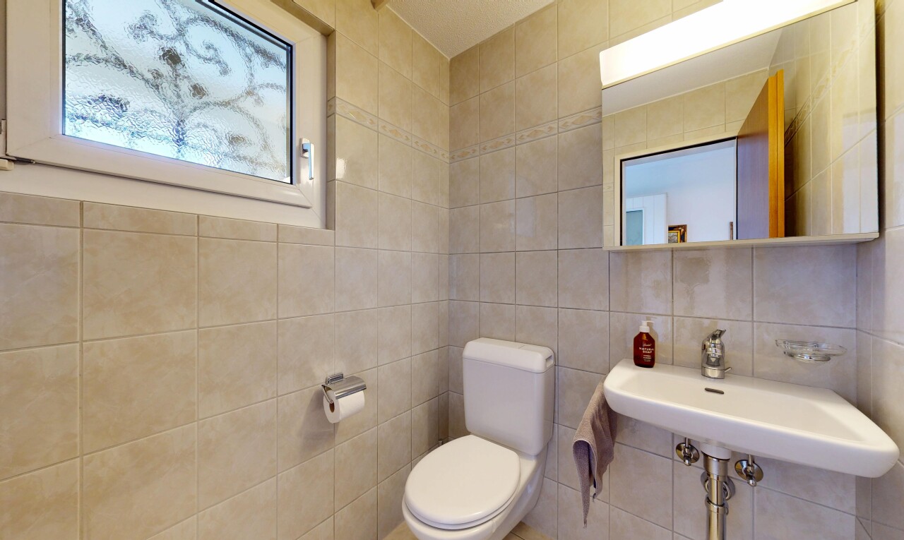 bad mit spiegel, toilette, gäste-wc, inside property, und fliesenwand