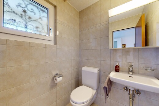 bad mit spiegel, toilette, gäste-wc, inside property, und fliesenwand