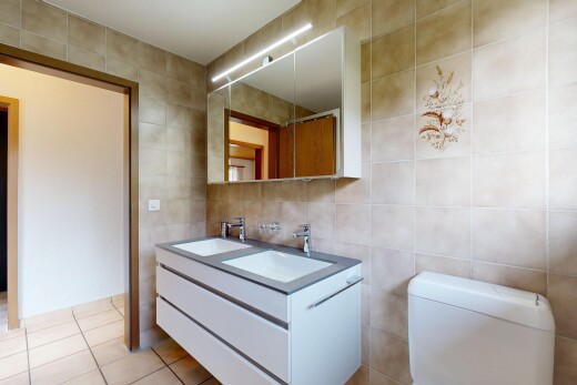 salle de bains avec mur en carrelage, tile wall, double vasque, miroir, et salle de bain complète