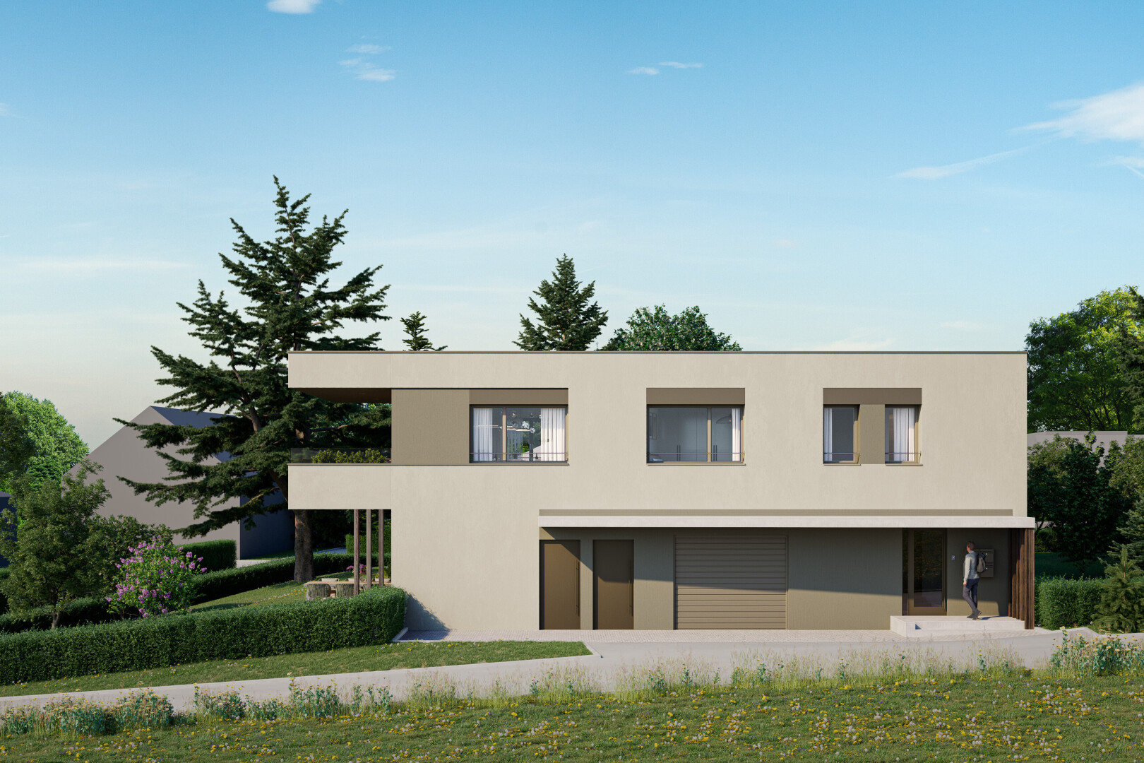 außenansicht mit stuckverkleidung, rendered, und day time