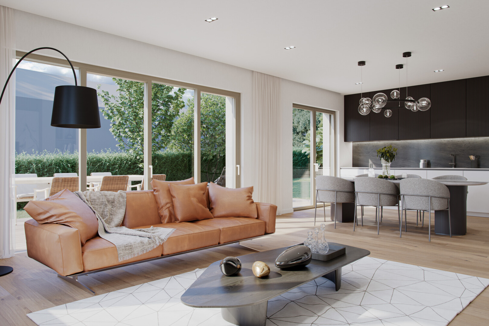 wohn- / esszimmer mit wood finish floor, holzfußboden, light floor, inside property, und natural light