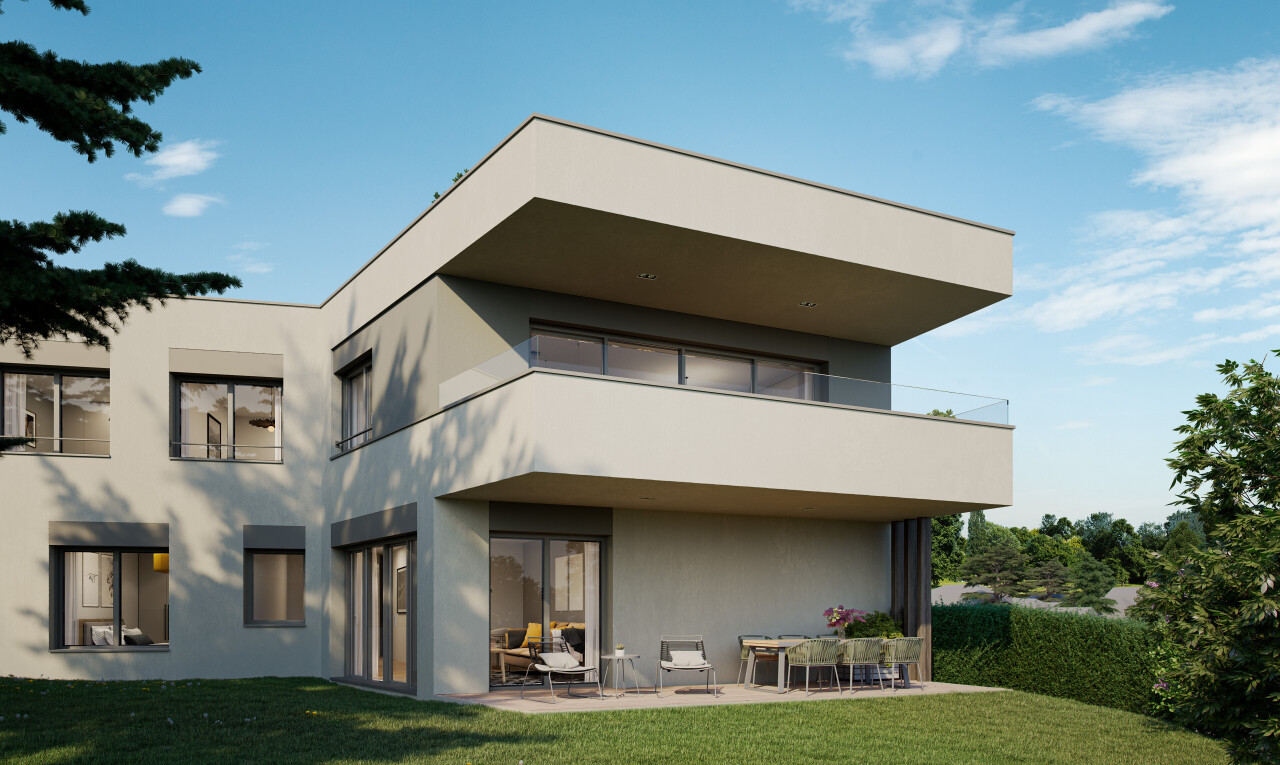 außenansicht mit terrasse, balkon, rasen, day time, und stuckverkleidung