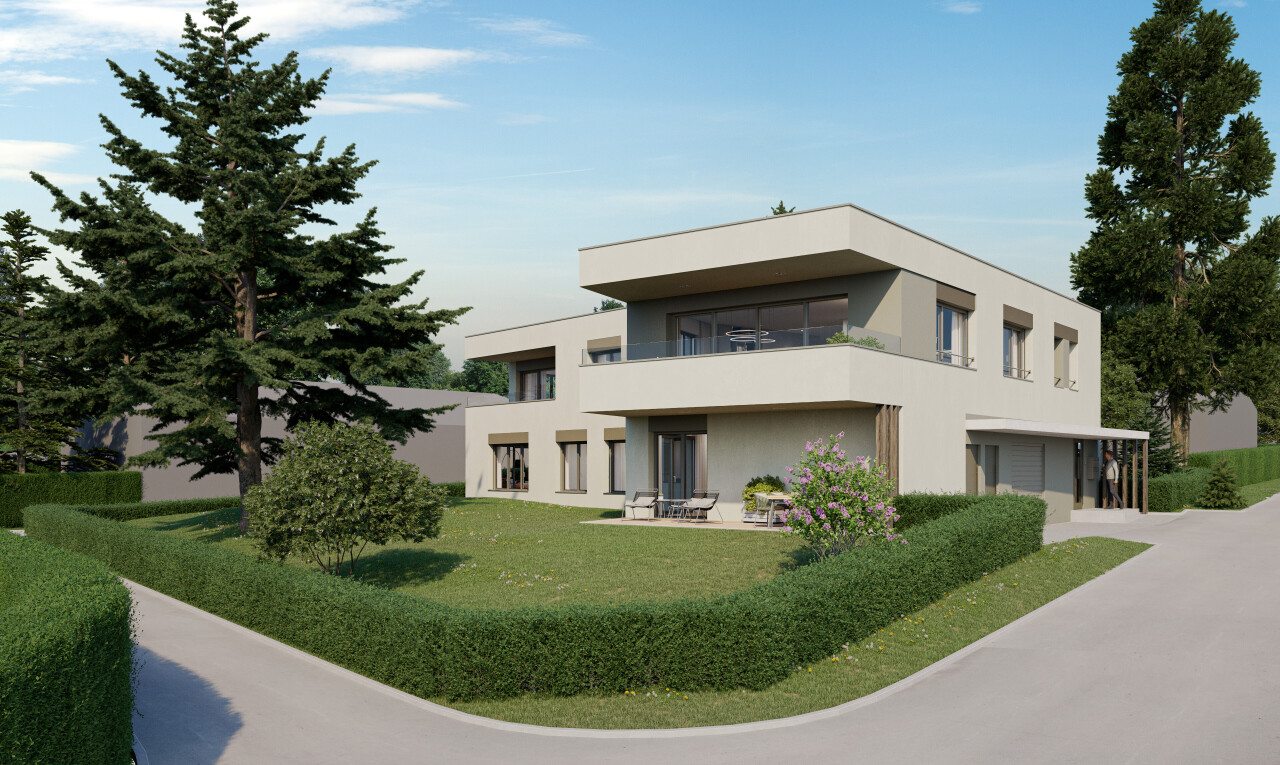 außenansicht mit balkon, stuckverkleidung, rendered, day time, und rasen
