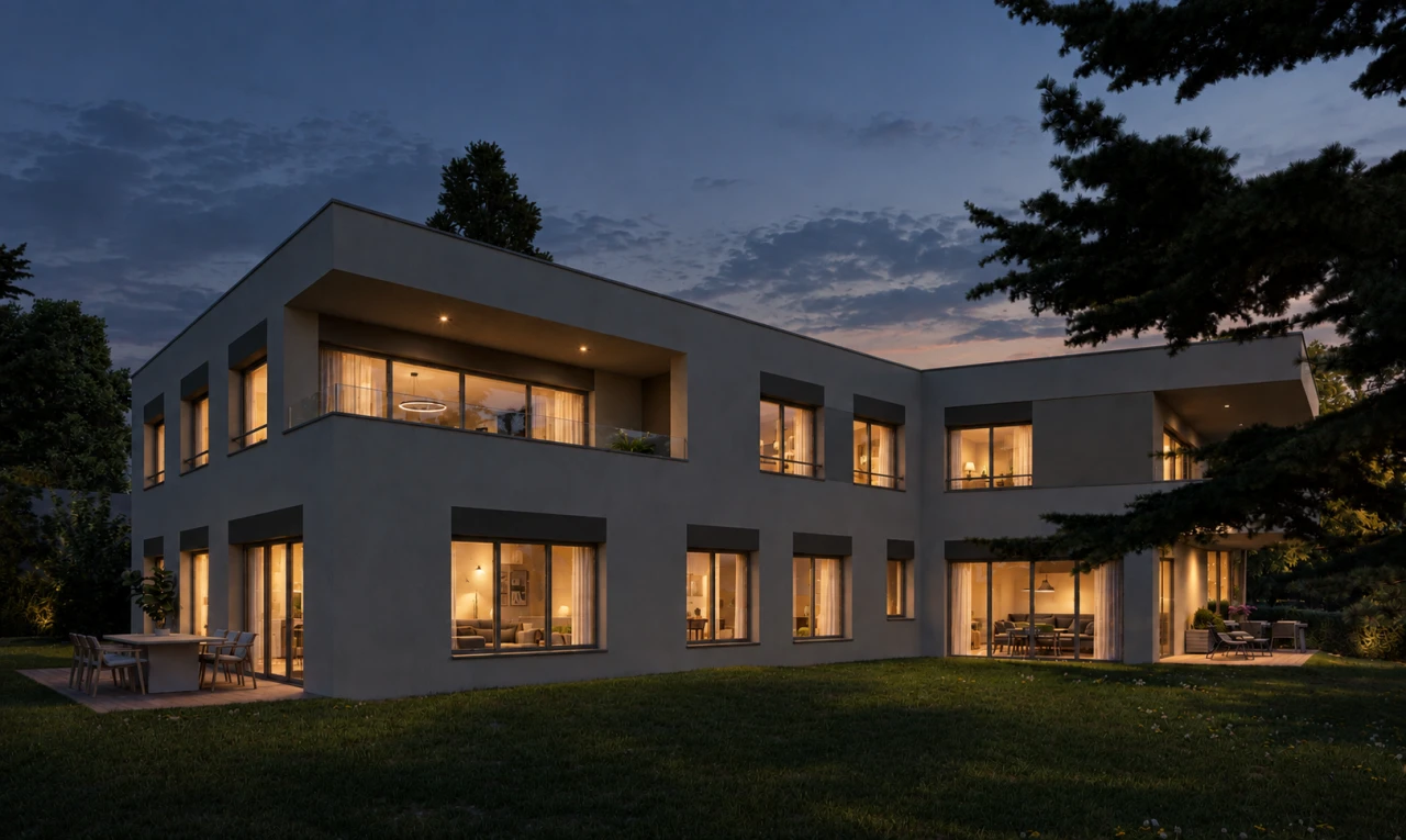 außenansicht mit rasen, stuckverkleidung, dusk, terrasse, und rendered