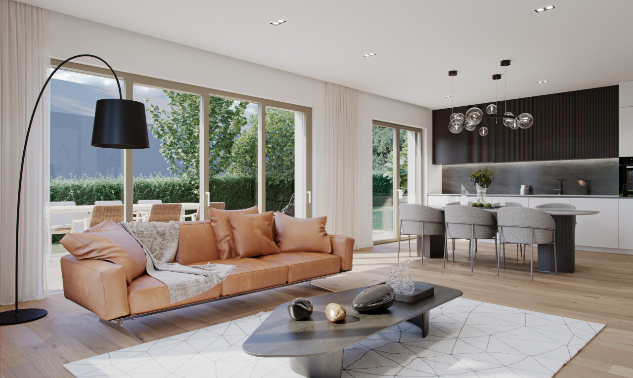 wohn- / esszimmer mit wood finish floor, holzfußboden, light floor, inside property, und natural light