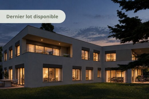 façade avec pelouse, balcon, bardage en stuc, rendered, et dusk