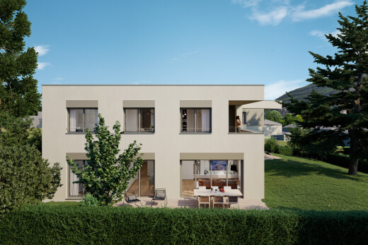 façade avec day time, rendered, bardage en stuc, pelouse, et terrasse