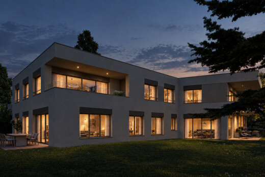 façade avec pelouse, bardage en stuc, dusk, terrasse, et rendered