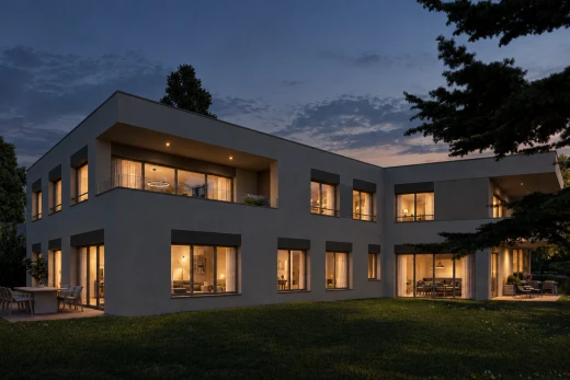 außenansicht mit rasen, stuckverkleidung, dusk, terrasse, und rendered