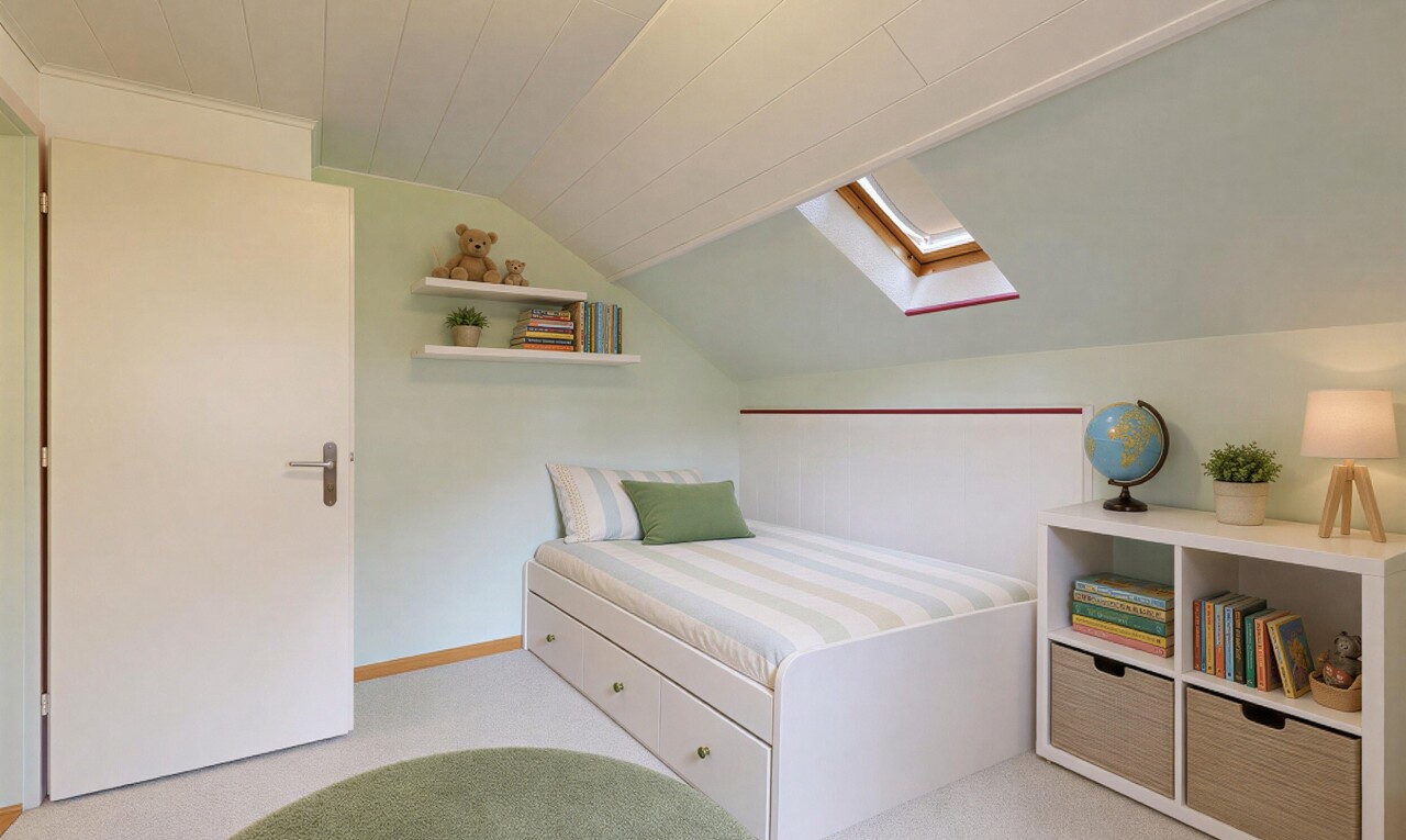 zimmer / schlafzimmer mit dachfenster, zusätzliches zimmer, dachschräge, vaulted ceiling, und eingebaute regale