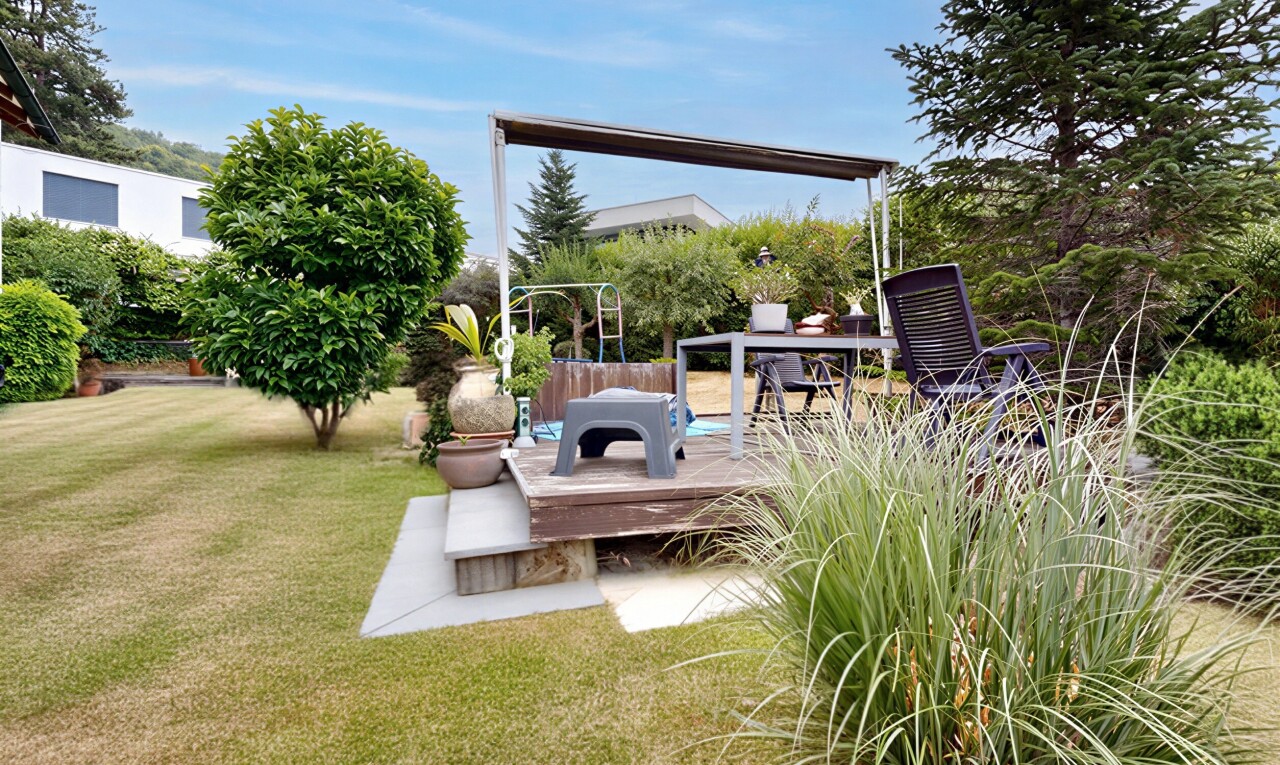 garten mit rasen, terrasse, und day time