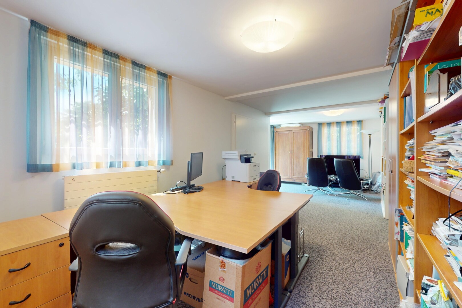 büro mit fernseher, inside property, carpet, teppich, und natural light