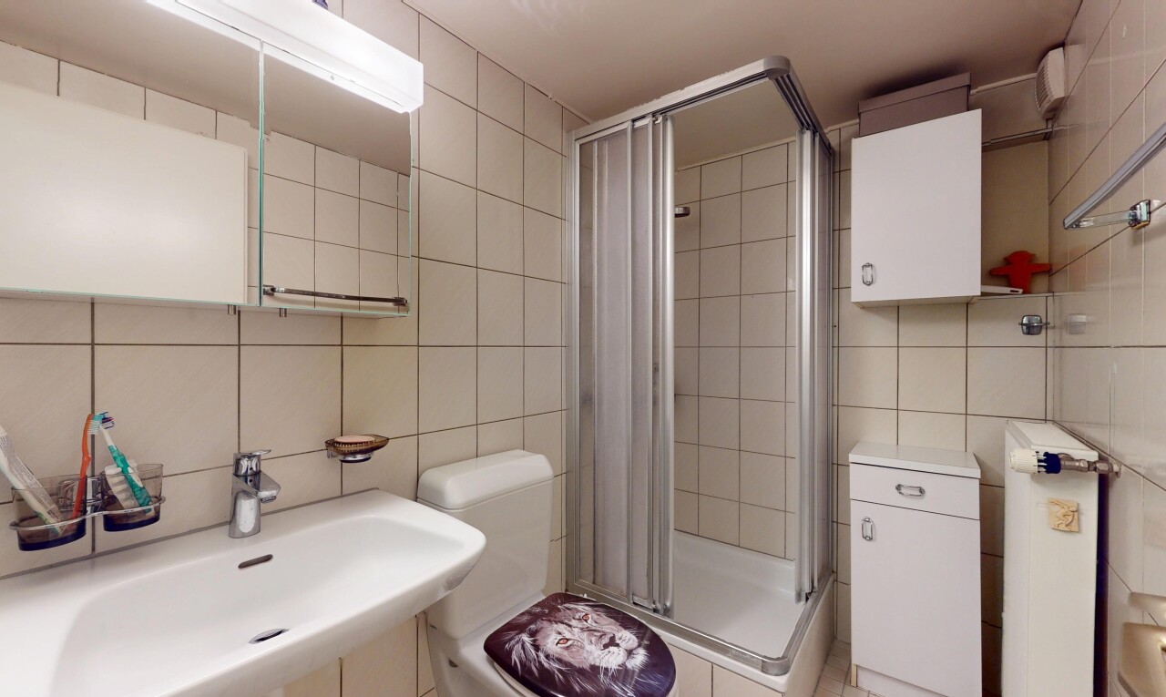 bad mit tile wall, fliesenwand, waschbecken, dusche, und inside property