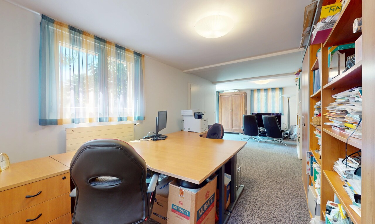 büro mit fernseher, inside property, carpet, teppich, und natural light