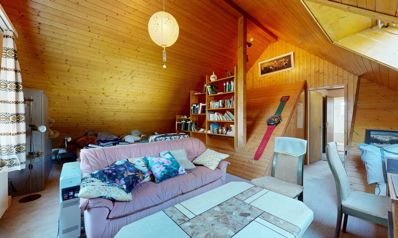 wohnzimmer mit holzwand, wood wall, kathedralendecke, cathedral ceiling, und holzdecke
