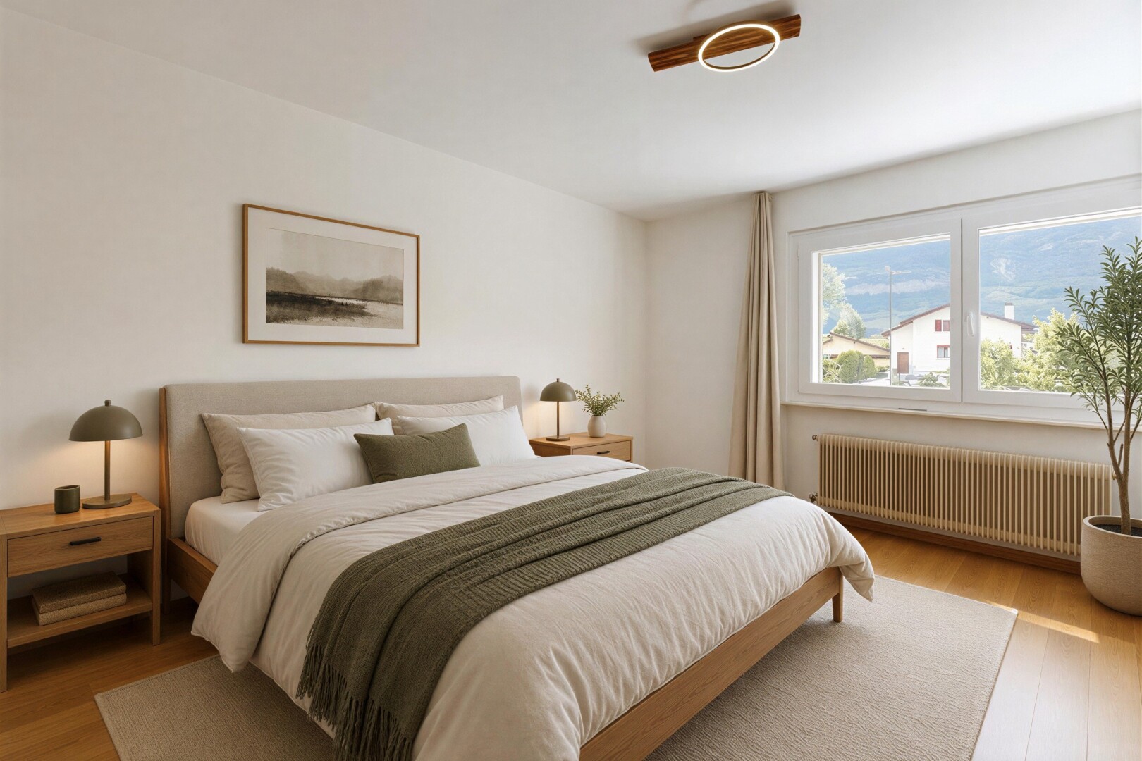 chambre avec radiateur, sol en finition bois, wood finish floor, cloison sèche, et drywall