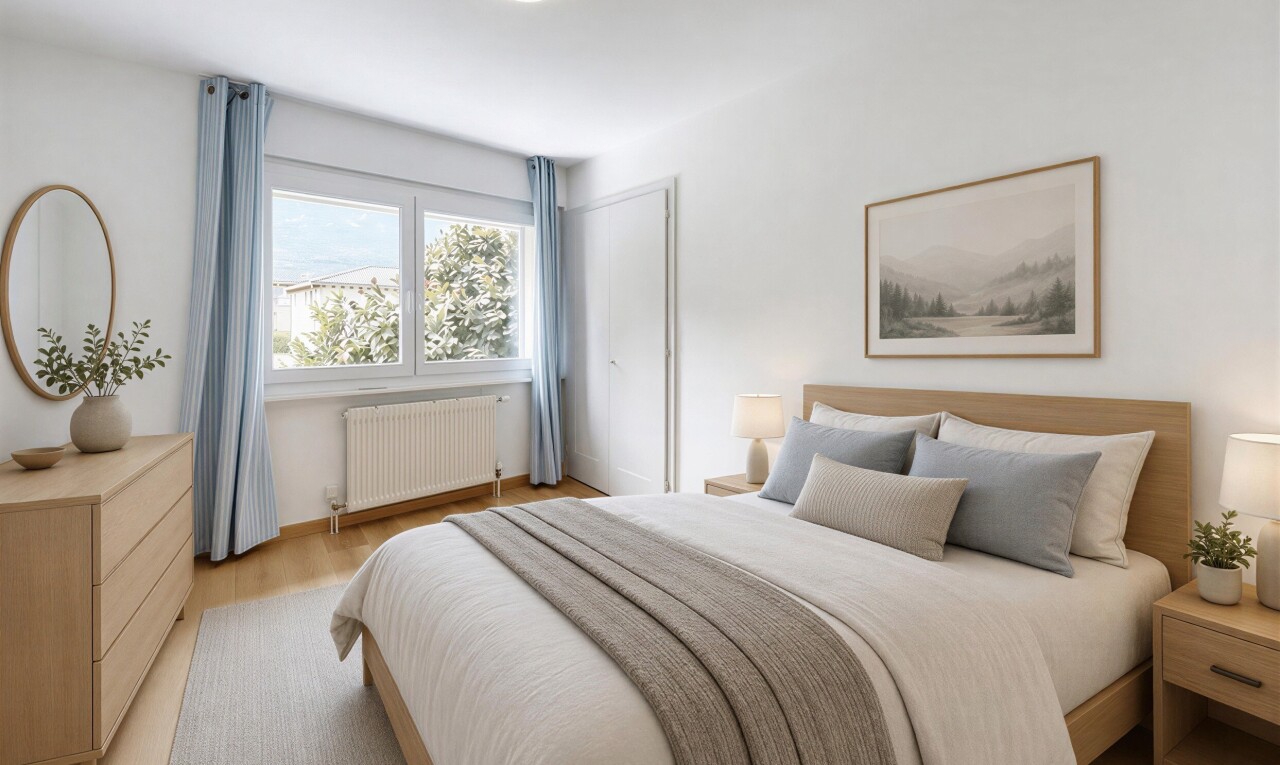 chambre avec cloison sèche, drywall, sol en finition bois, wood finish floor, et lumière naturelle