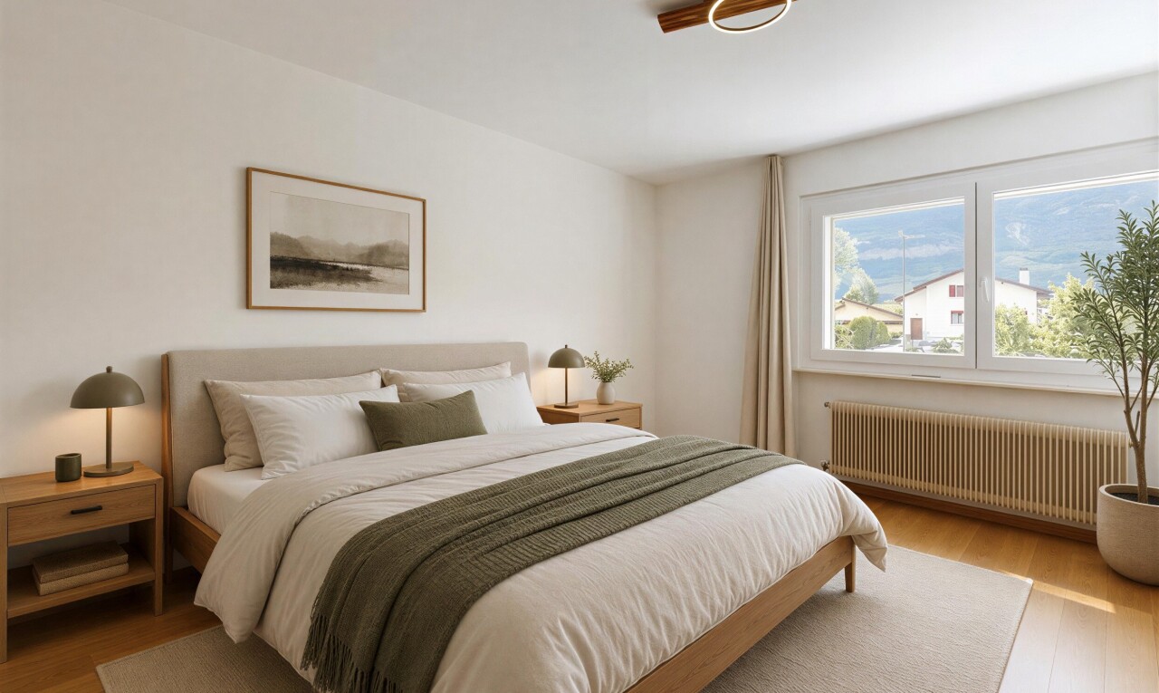 chambre avec radiateur, sol en finition bois, wood finish floor, cloison sèche, et drywall