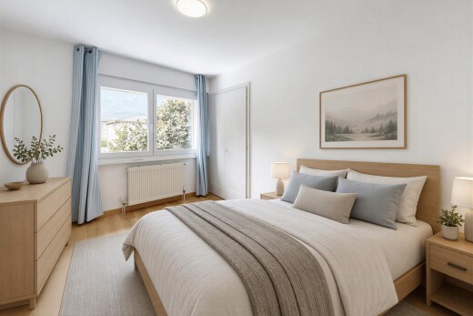 chambre avec cloison sèche, drywall, sol en finition bois, wood finish floor, et lumière naturelle