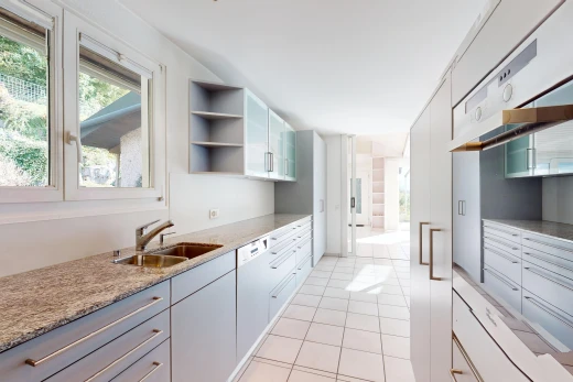 küche mit stein arbeitsplatten, geschirrspülmaschine, natürliches licht, offene regale, und waschbecken