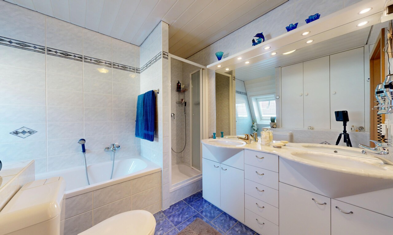 salle de bains avec double vasque, douche, salle de bain complète, inside property, et bain
