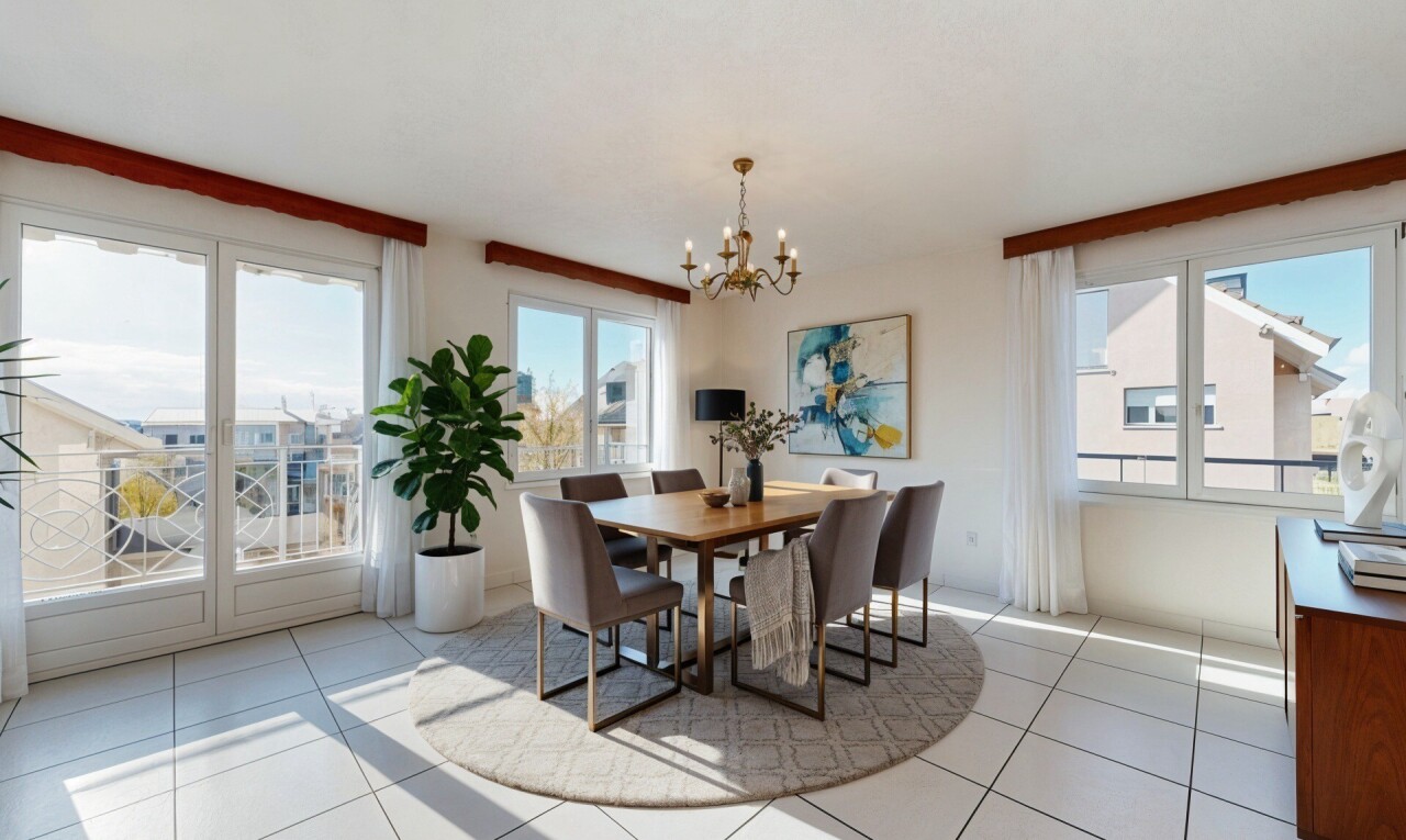 salle à manger avec day time, natural light, lumière naturelle, lustre remarquable, et tile floor