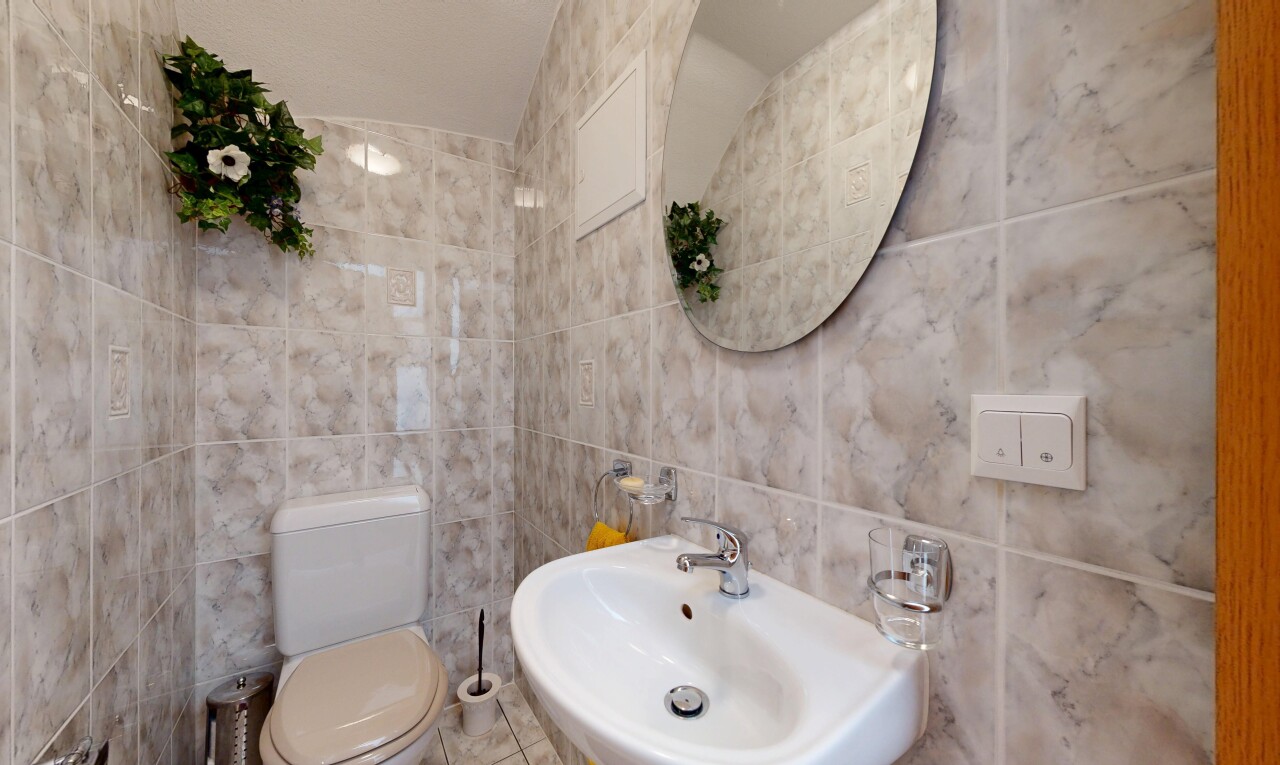 salle de bains avec toilette, mur en carrelage, tile wall, évier, et miroir
