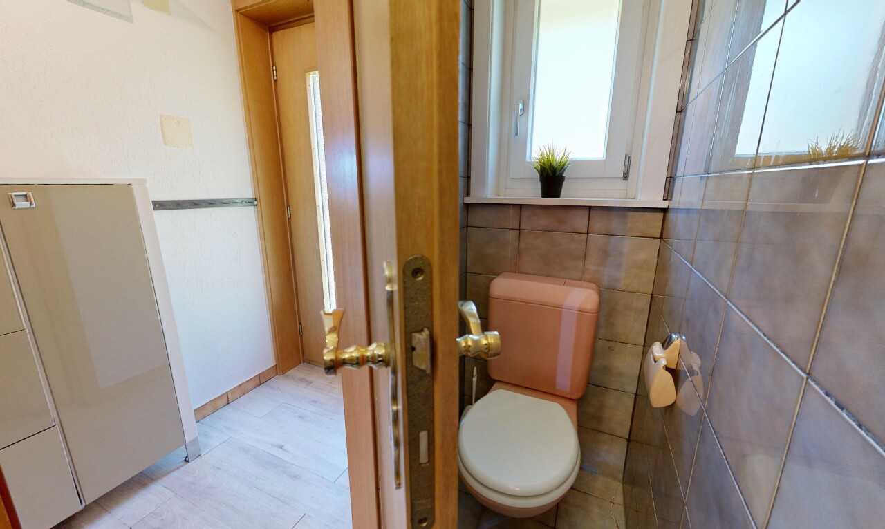 bad mit toilette, inside property, tile wall, fliesenwand, und natural light