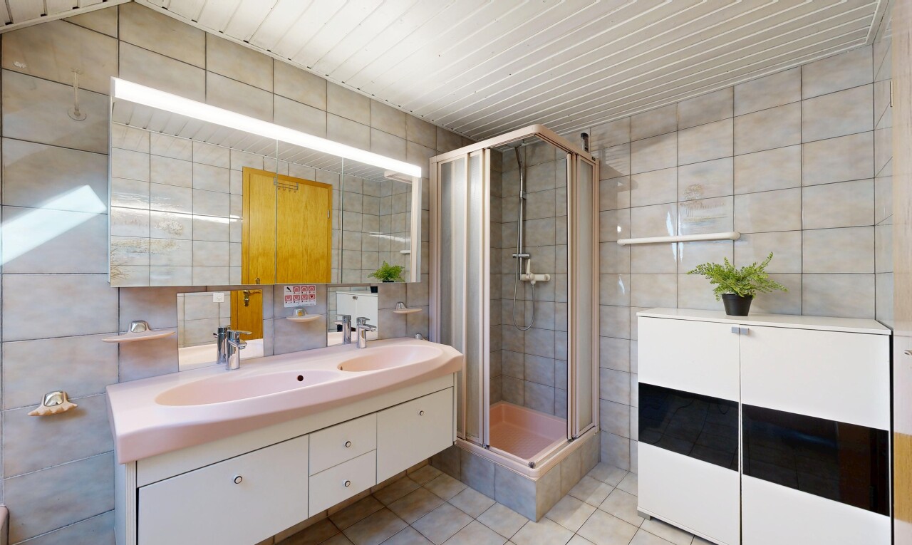 bad mit fliesenwand, tile wall, dusche, doppelwaschtisch, und komplettes badezimmer