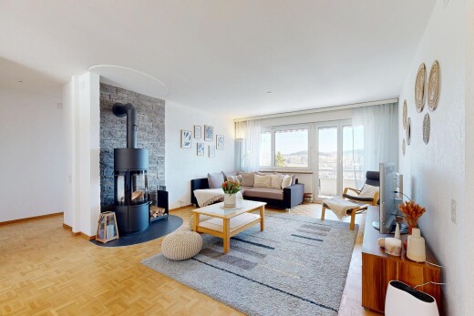 wohnzimmer mit gipskartonwand, fernseher, natürliches licht, und holzofen