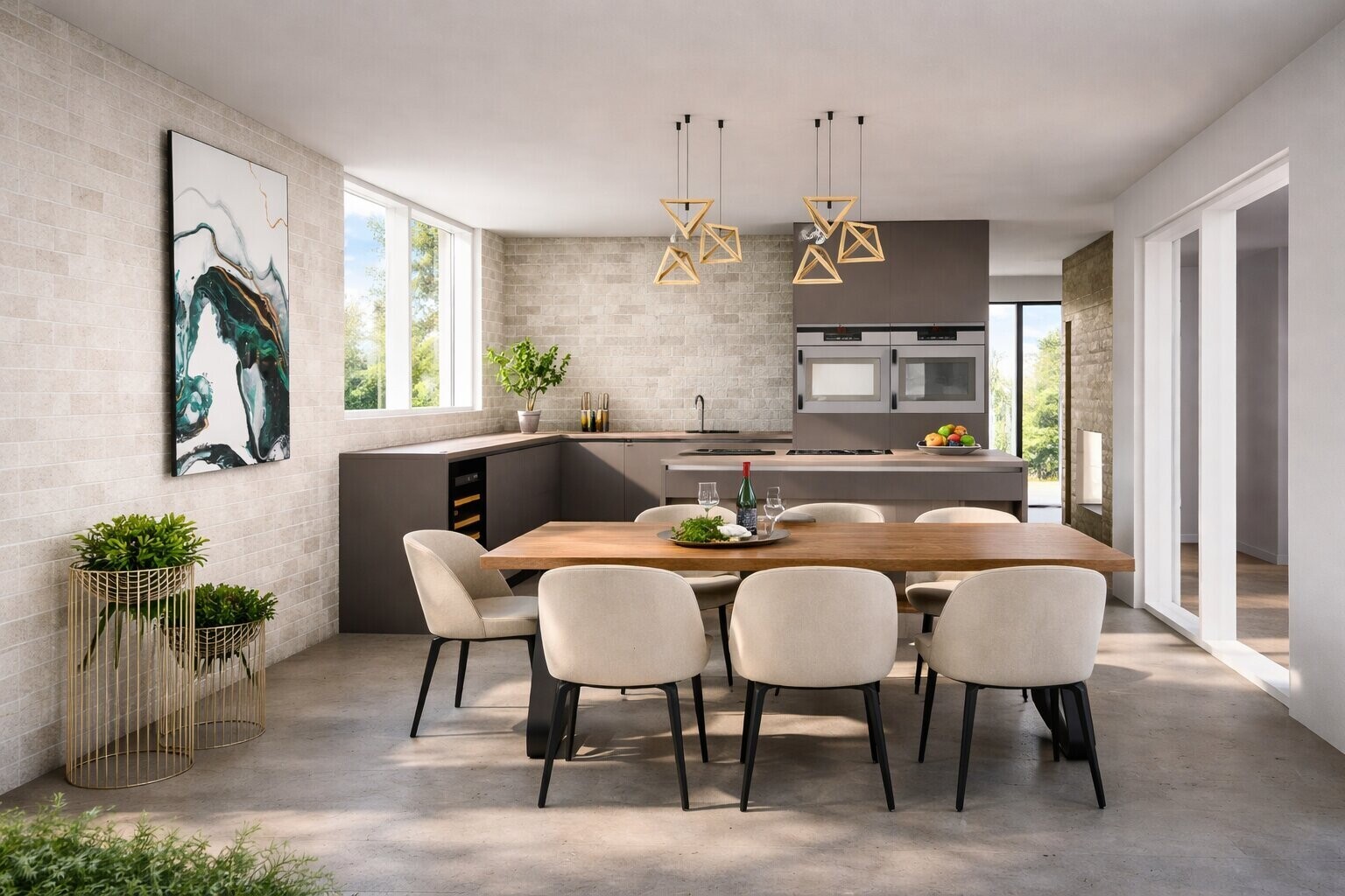 dining space with concrete floors and wine cooler