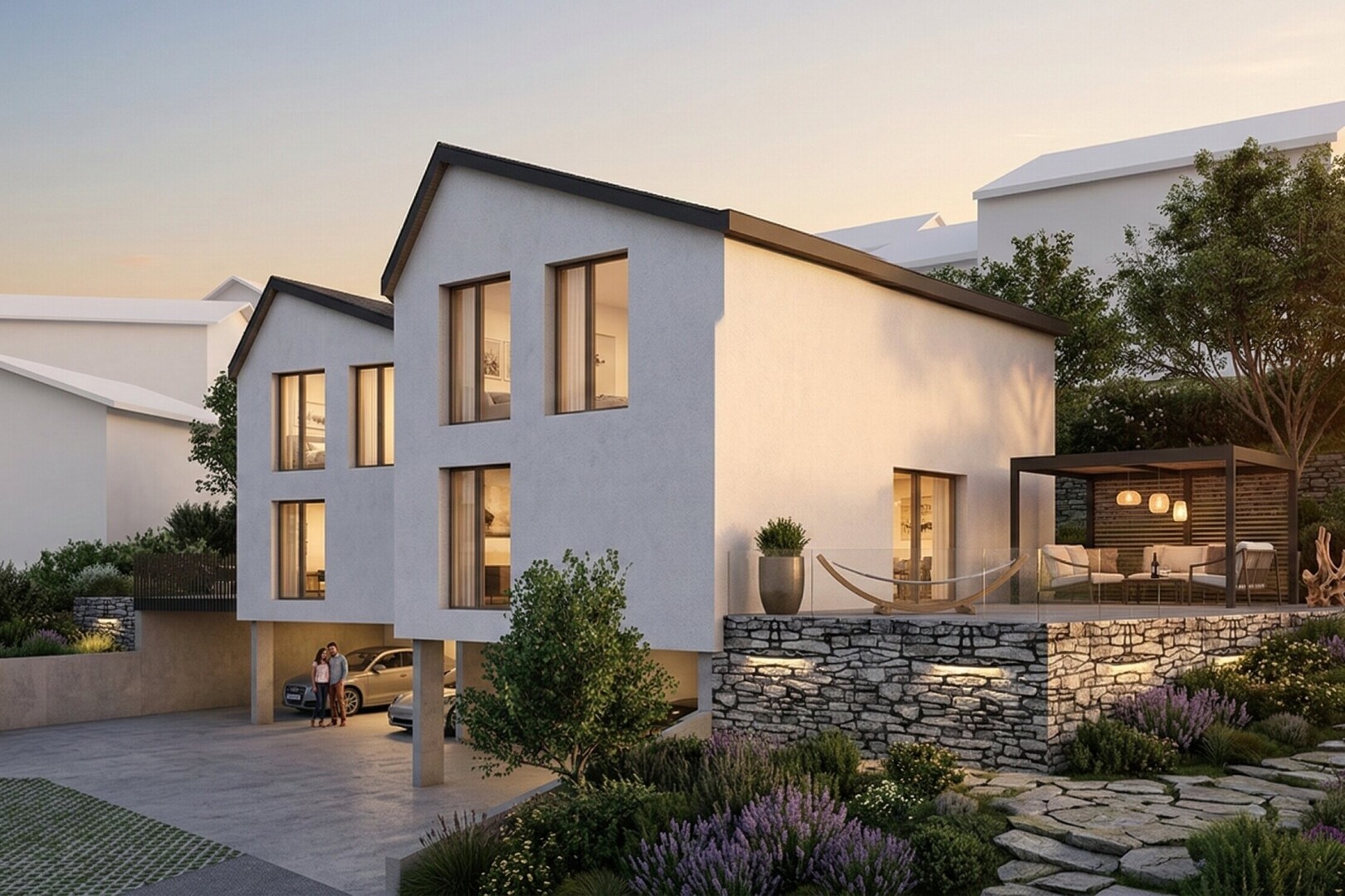 outdoor house at dusk featuring a patio area, a carport, stucco siding, and outdoor lounge area