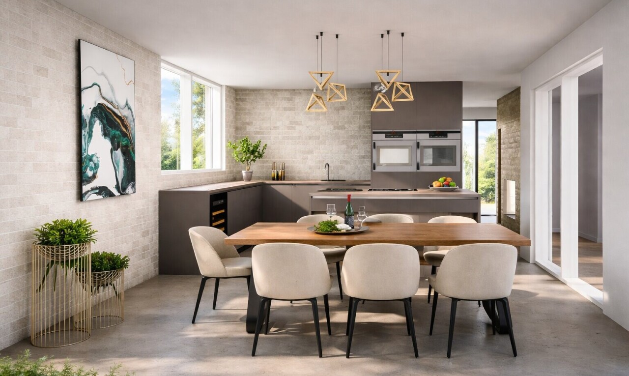 dining space with concrete floors and wine cooler