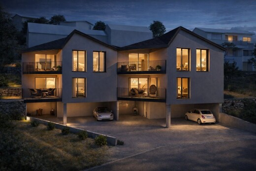 façade avec abri de voiture intégré, balcon, rendered, property visible, et bardage en stuc
