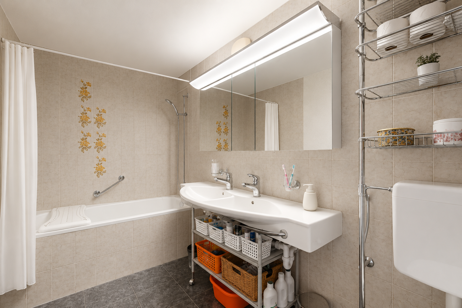 bad mit fliesenwand, tile wall, spiegel, inside property, und kombiniertes bad / dusche