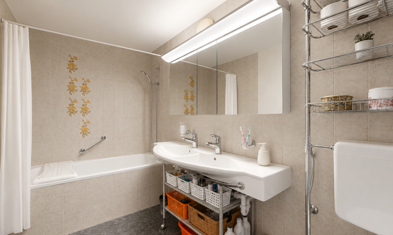 bad mit fliesenwand, tile wall, spiegel, inside property, und kombiniertes bad / dusche