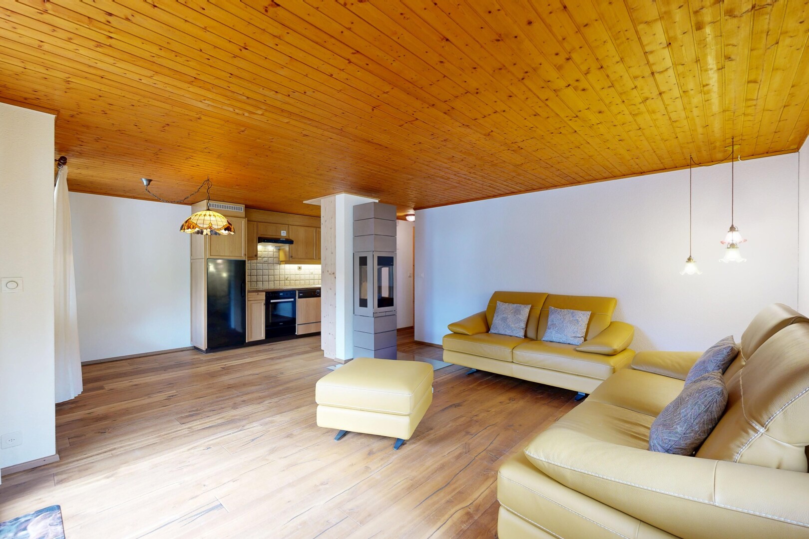 living room with wood ceiling and light wood-style flooring