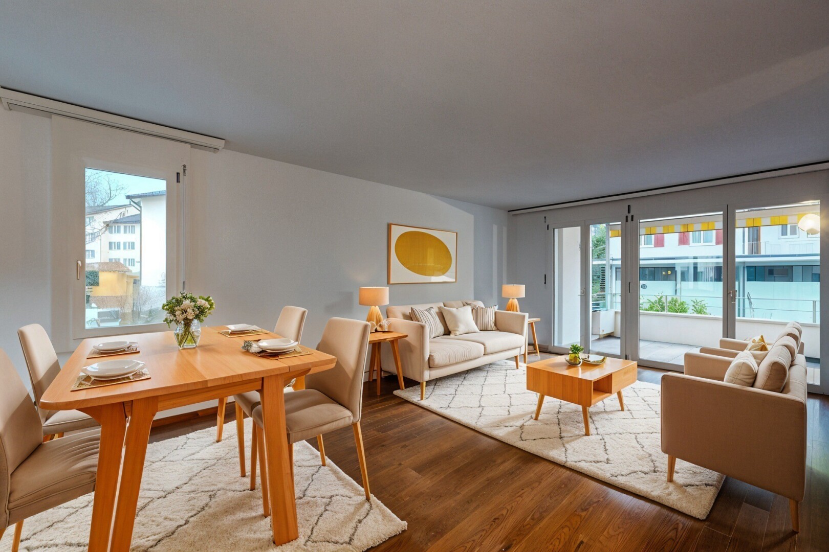 salon / salle à manger avec inside property, wood finish floor, sol en finition bois, natural light, et lumière naturelle
