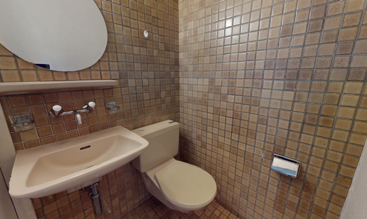 salle de bains avec miroir, toilettes, carrelage, mur carrelé, et vasque